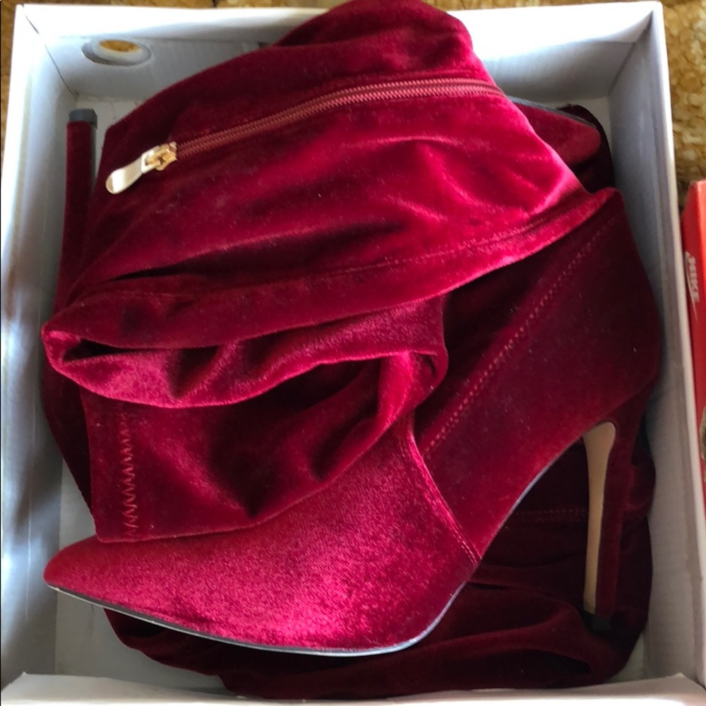 wine colored thigh-high boots/heels